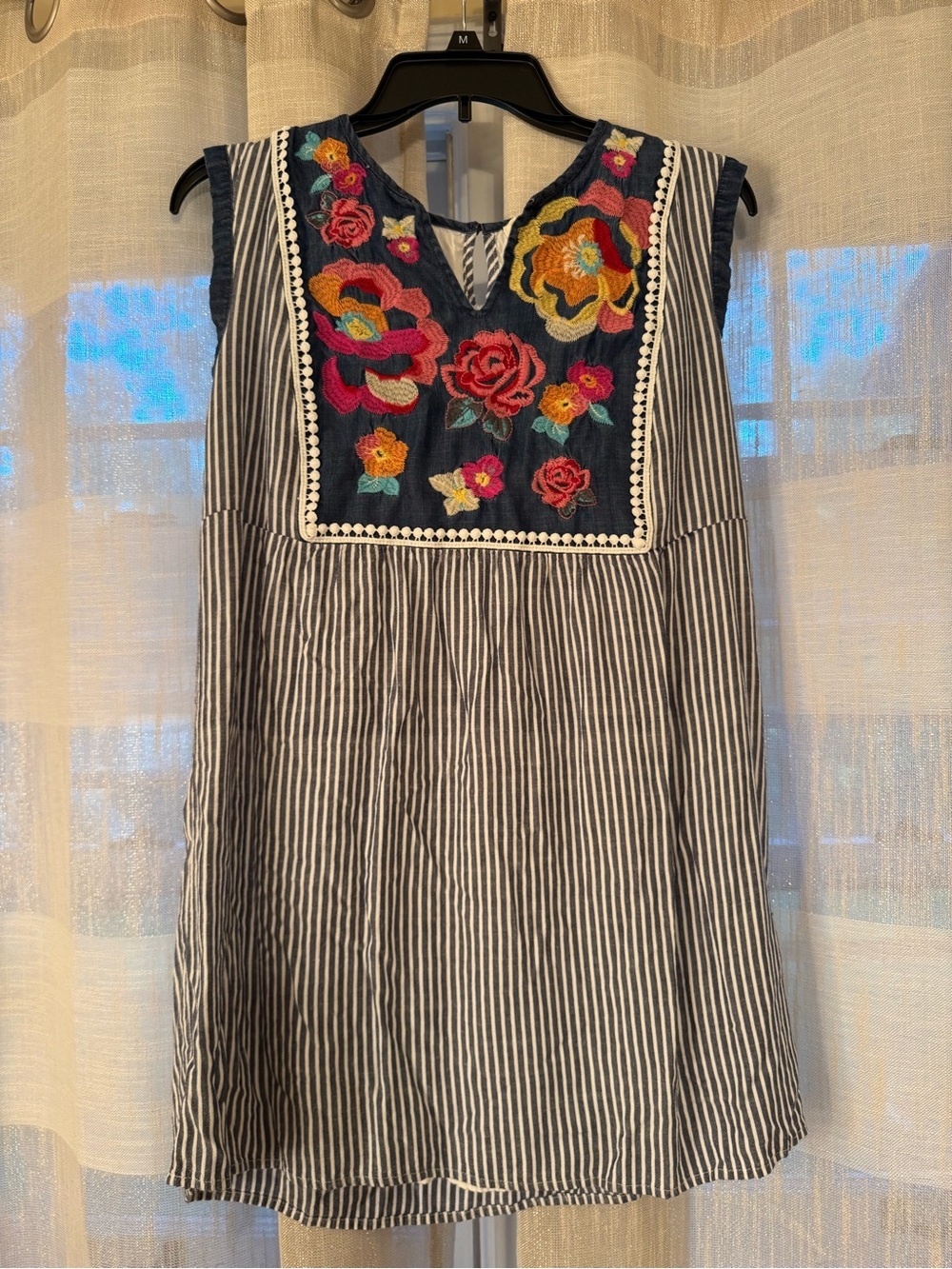 ANDRÉE BY UNIT Navy Striped Dress with Yellow & Orange Embroidery